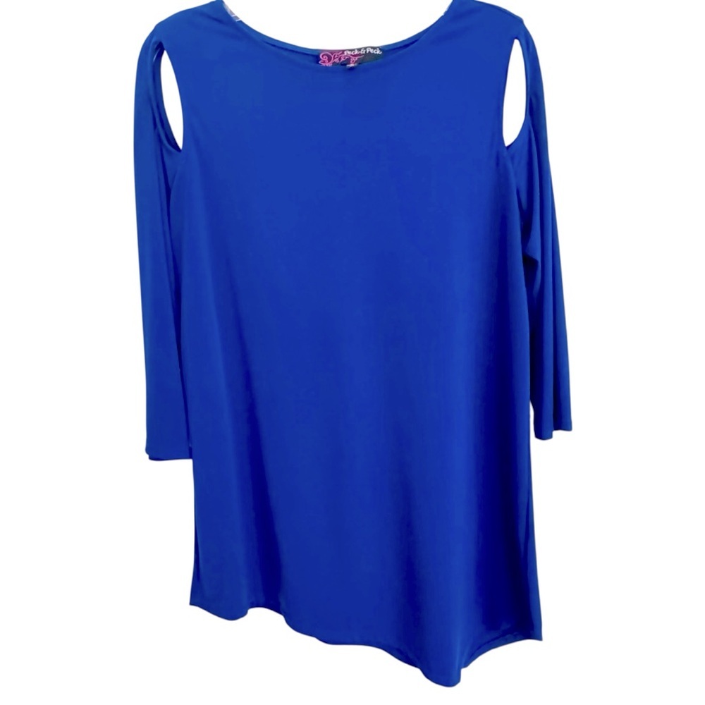 Peck & Peck Size Medium Cobalt Stretch 3/4 Sleeve Asymmetrical Hem Tunic
